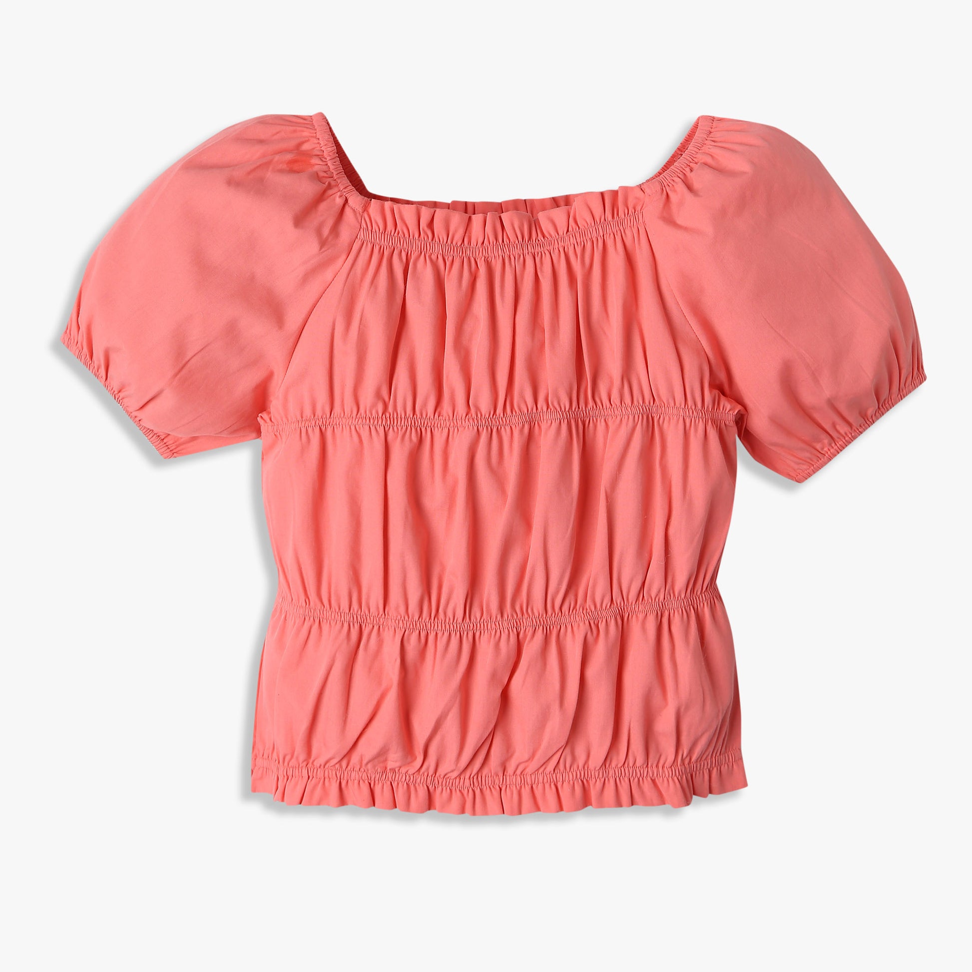 Girls Solid Ruched Square Neck Top