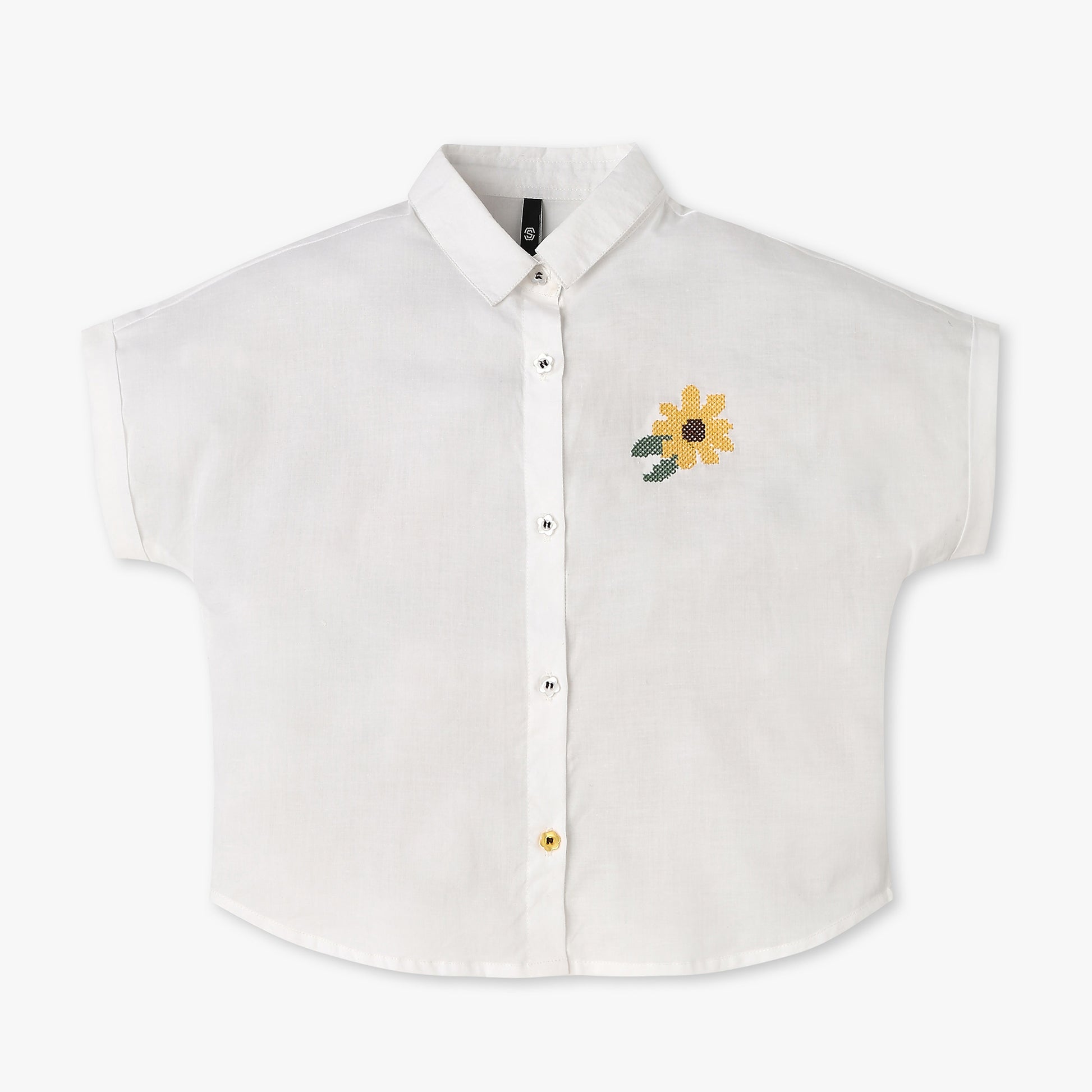 Girls Solid Woven Shirt Collar Top