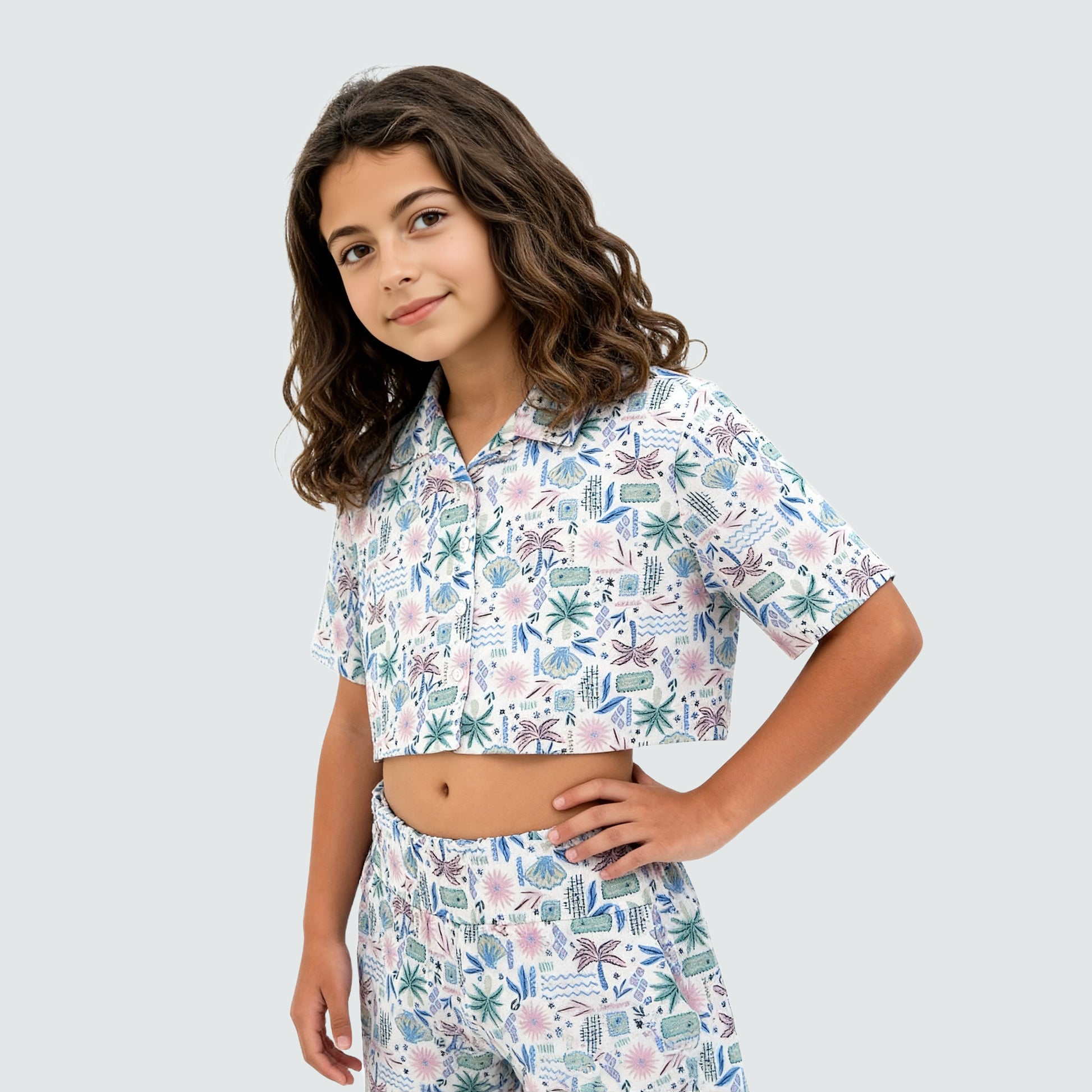 Girls Printed Camp Collar Top