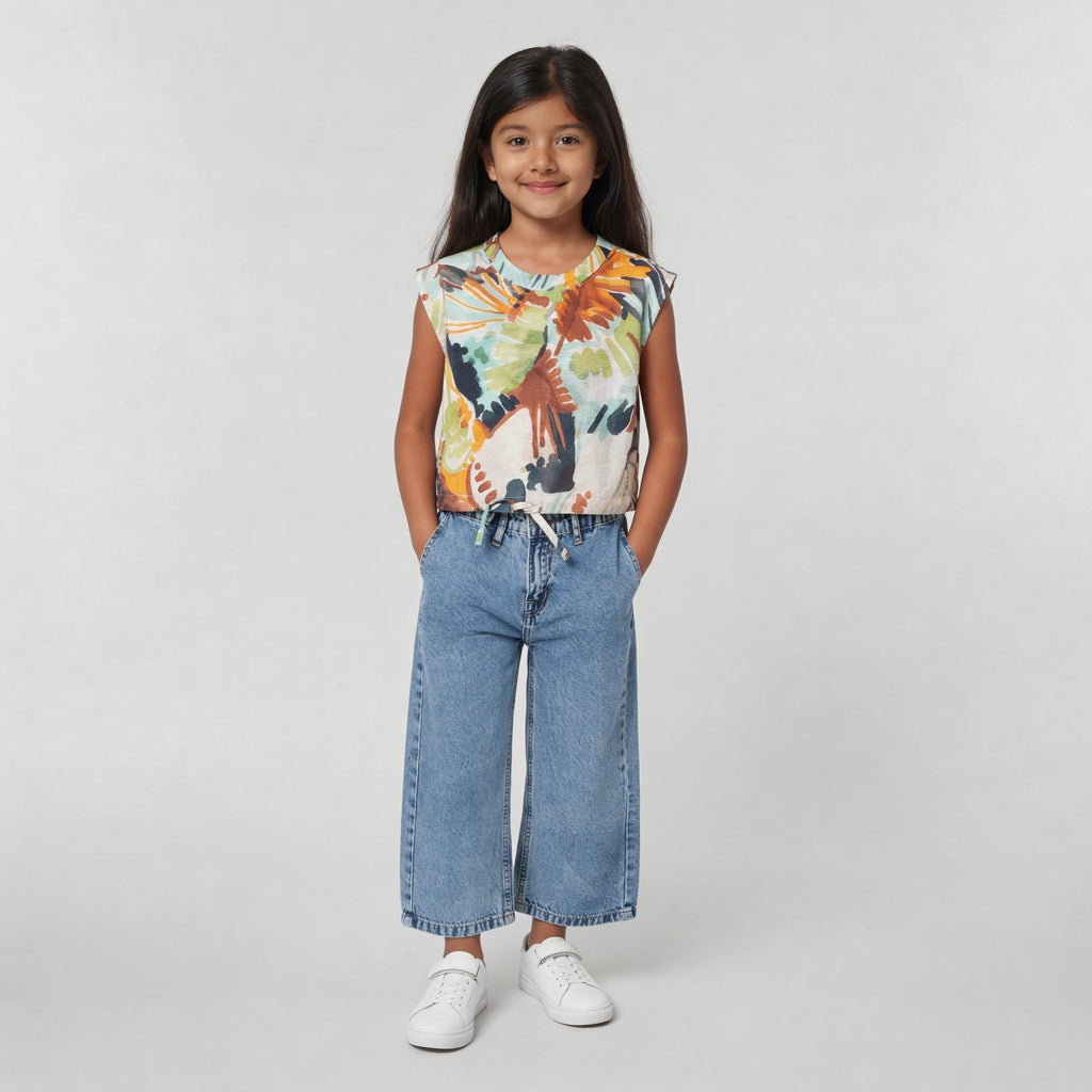 Girls Printed Crew Neck Boxy Fit Top