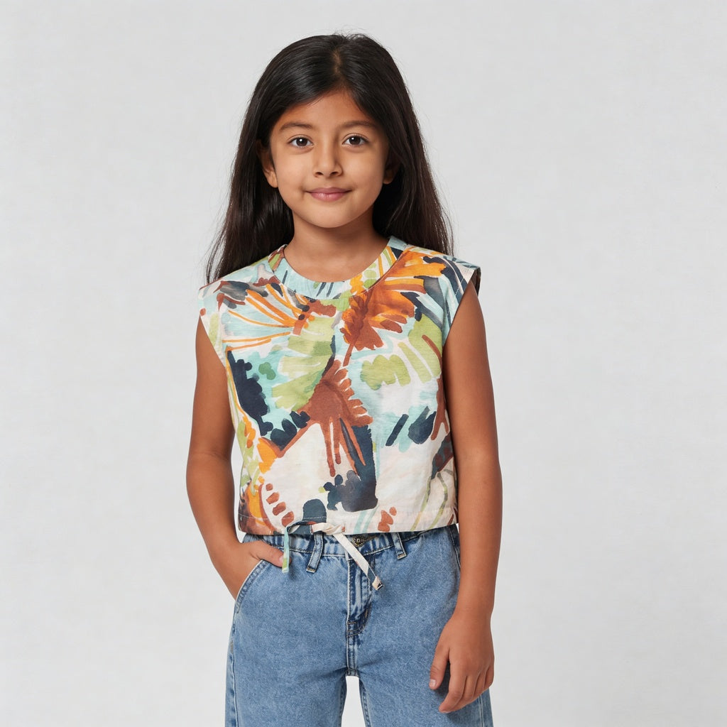 Girls Printed Crew Neck Boxy Fit Top