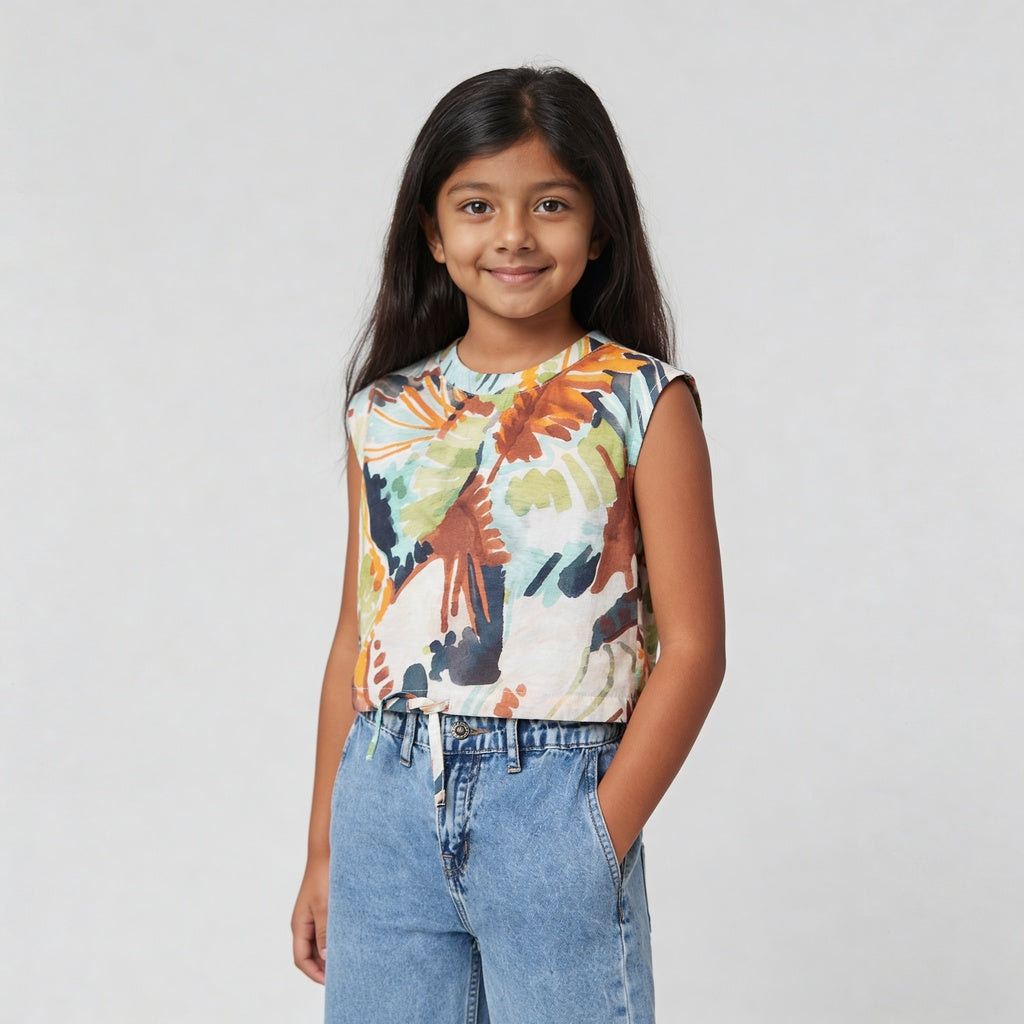 Girls Printed Crew Neck Boxy Fit Top