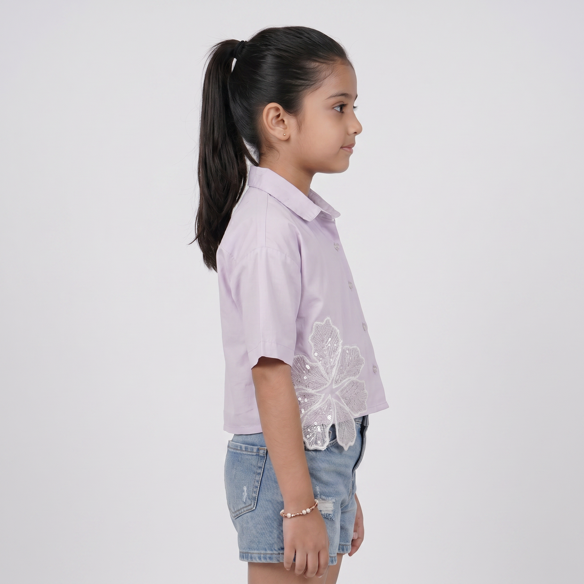Girls Embellished Collar Shirt with Floral Patch