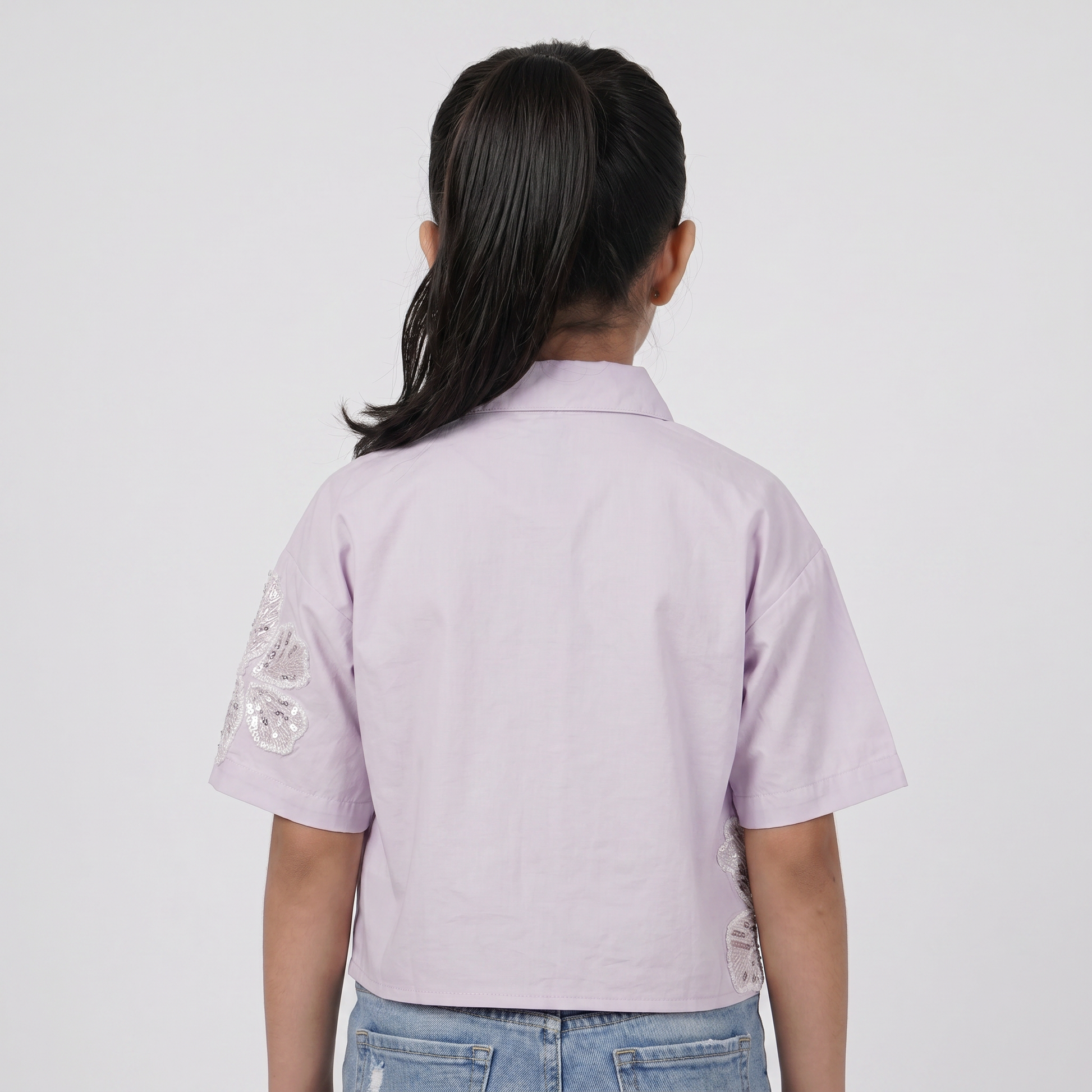 Girls Embellished Collar Shirt with Floral Patch