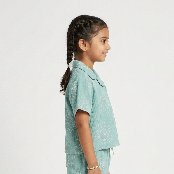 Girls Cotton Embroidered Leaf Tie-Up Top