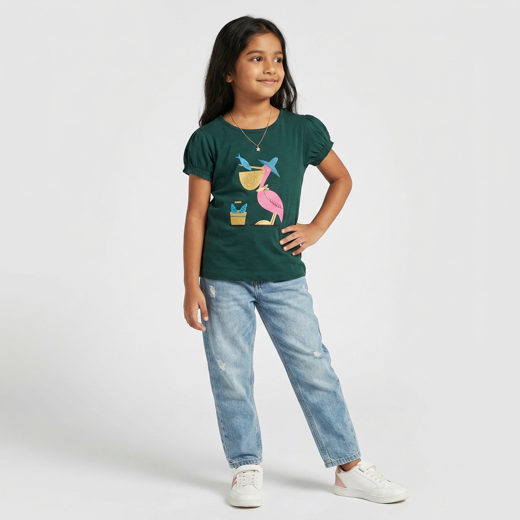 Girls Cotton Crew Neck Graphitee