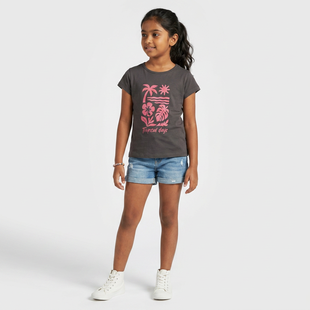 Girls Cotton Crew Neck Graphitee