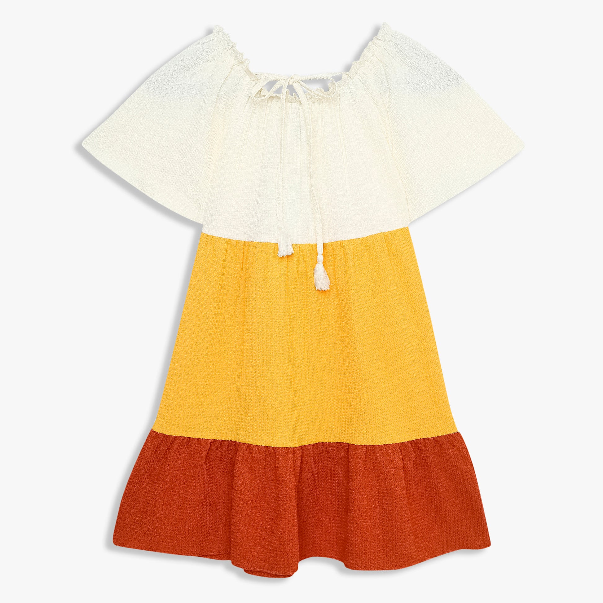 Girls Cut And Sew Knee Length Square Neck Short Sleeve Dress