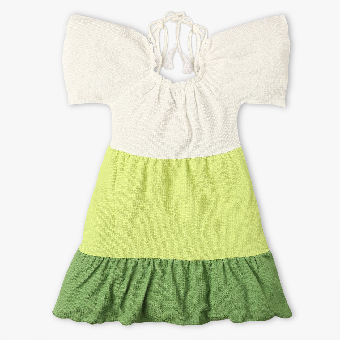 Girls Cut And Sew Knee Length Square Neck Short Sleeve Dress