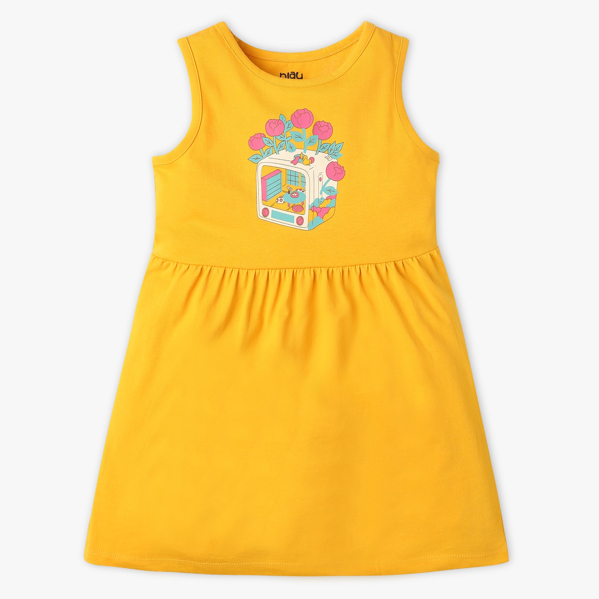 Girls Regular Fit Printed Round Neck Sleeveless Dress