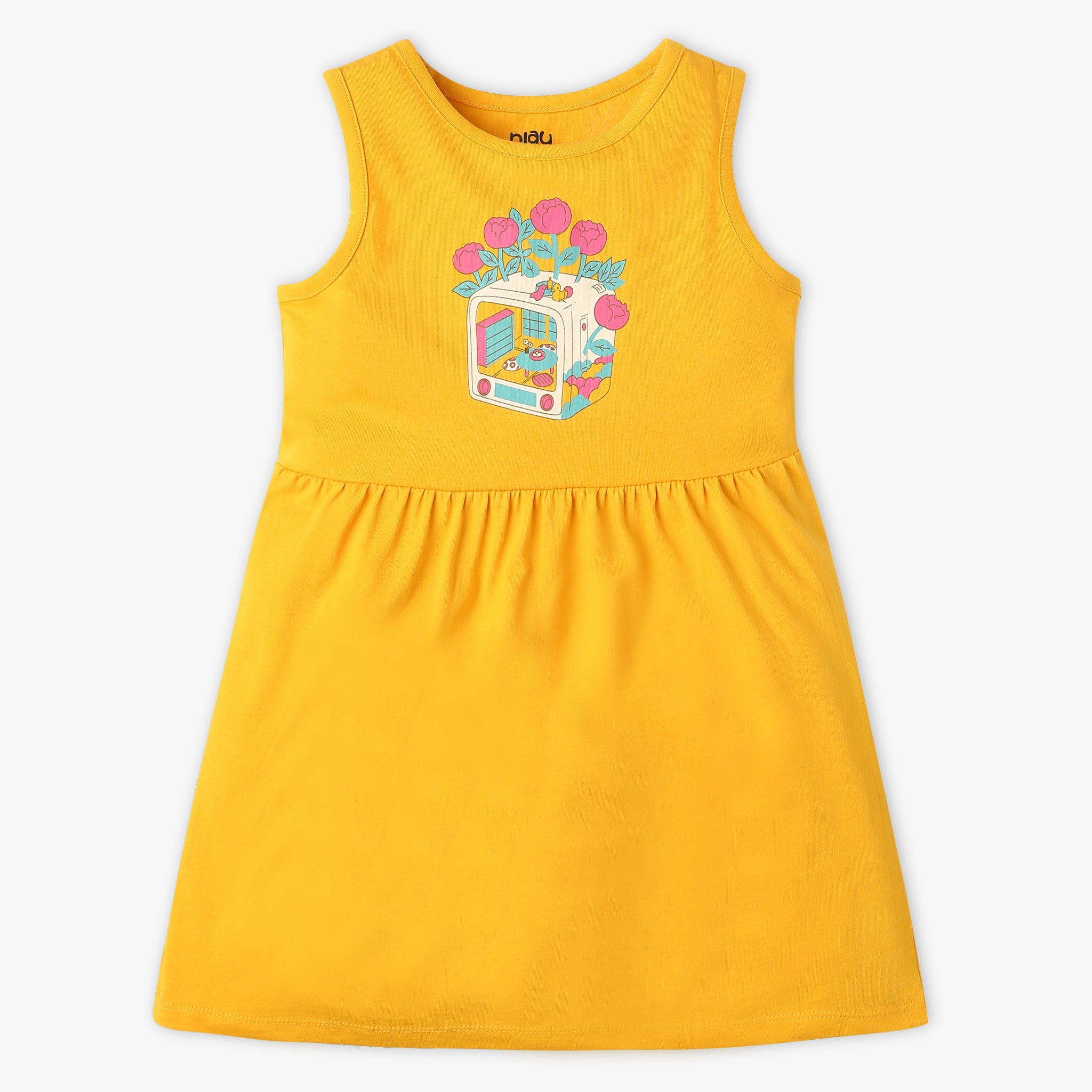 Girls Regular Fit Printed Round Neck Sleeveless Dress