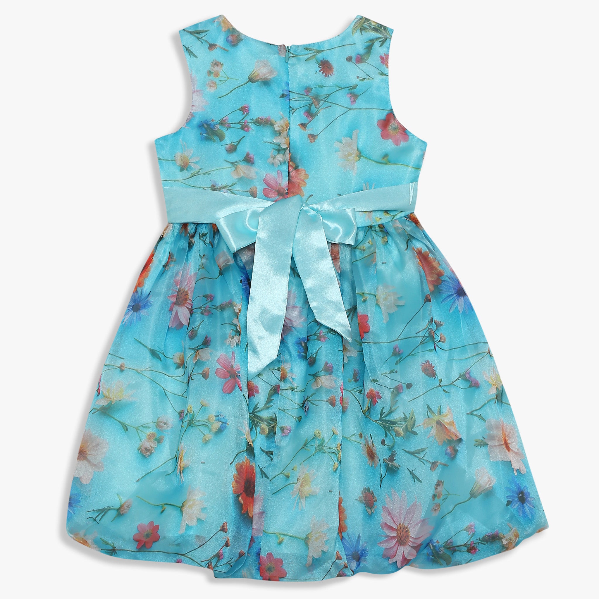 Girls Knee Length Printed Organza Party Dress