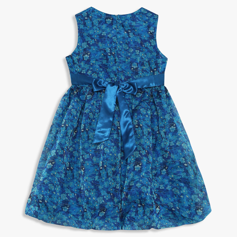 Girls Knee Length Printed Organza Party Dress