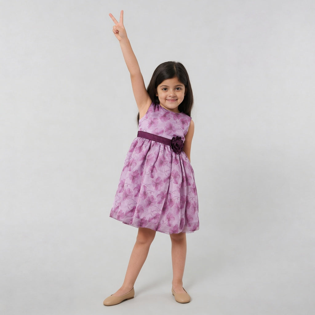 Girls Printed Flared Satin Party Frock