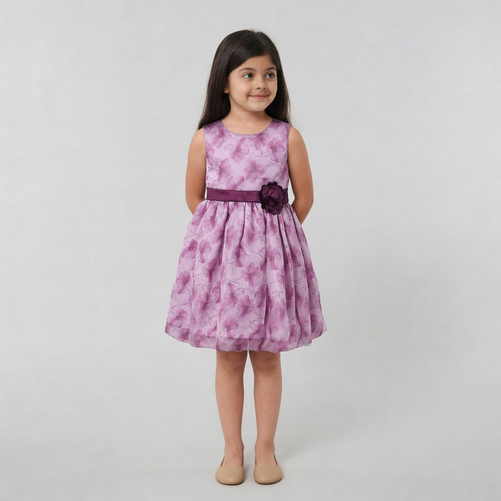Girls Printed Flared Satin Party Frock
