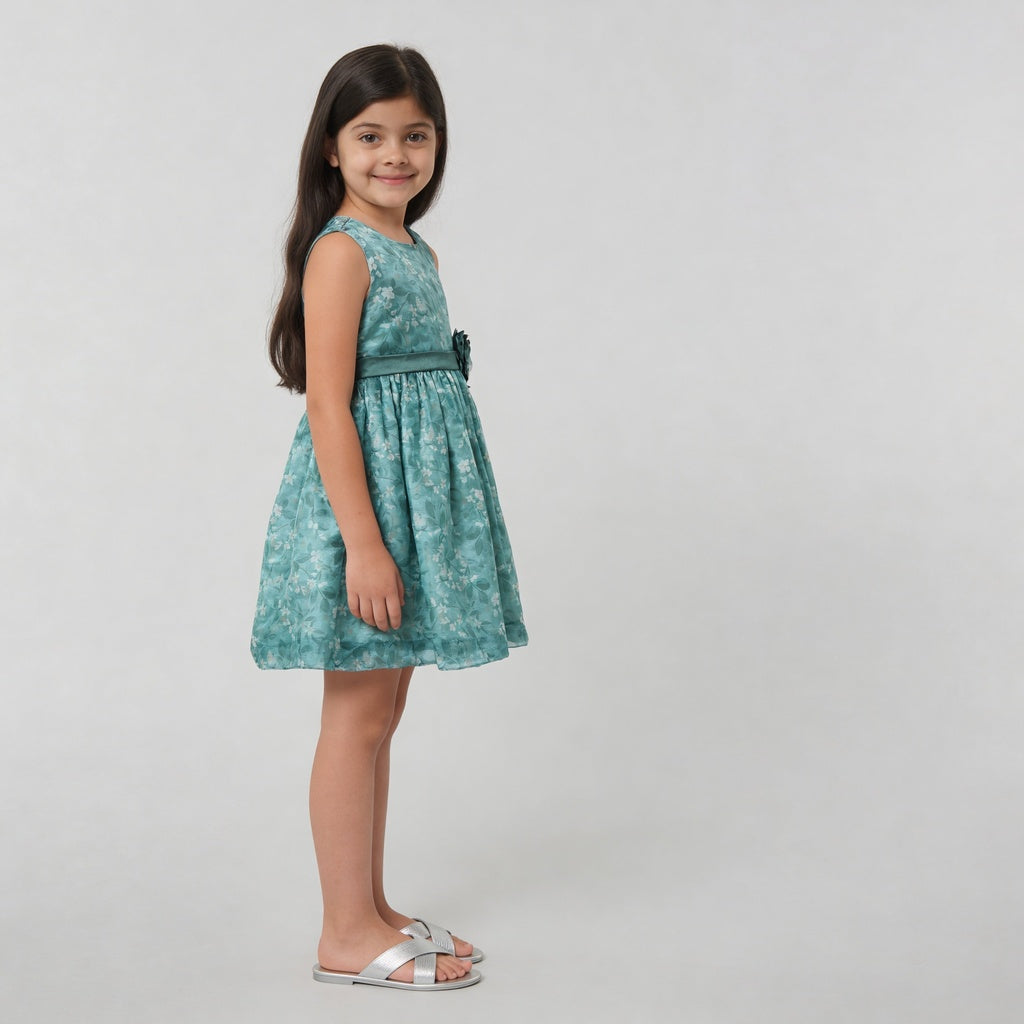 Girls Printed Flared Satin Party Frock