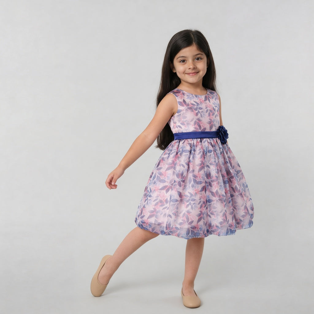 Girls Printed Flared Satin Party Frock