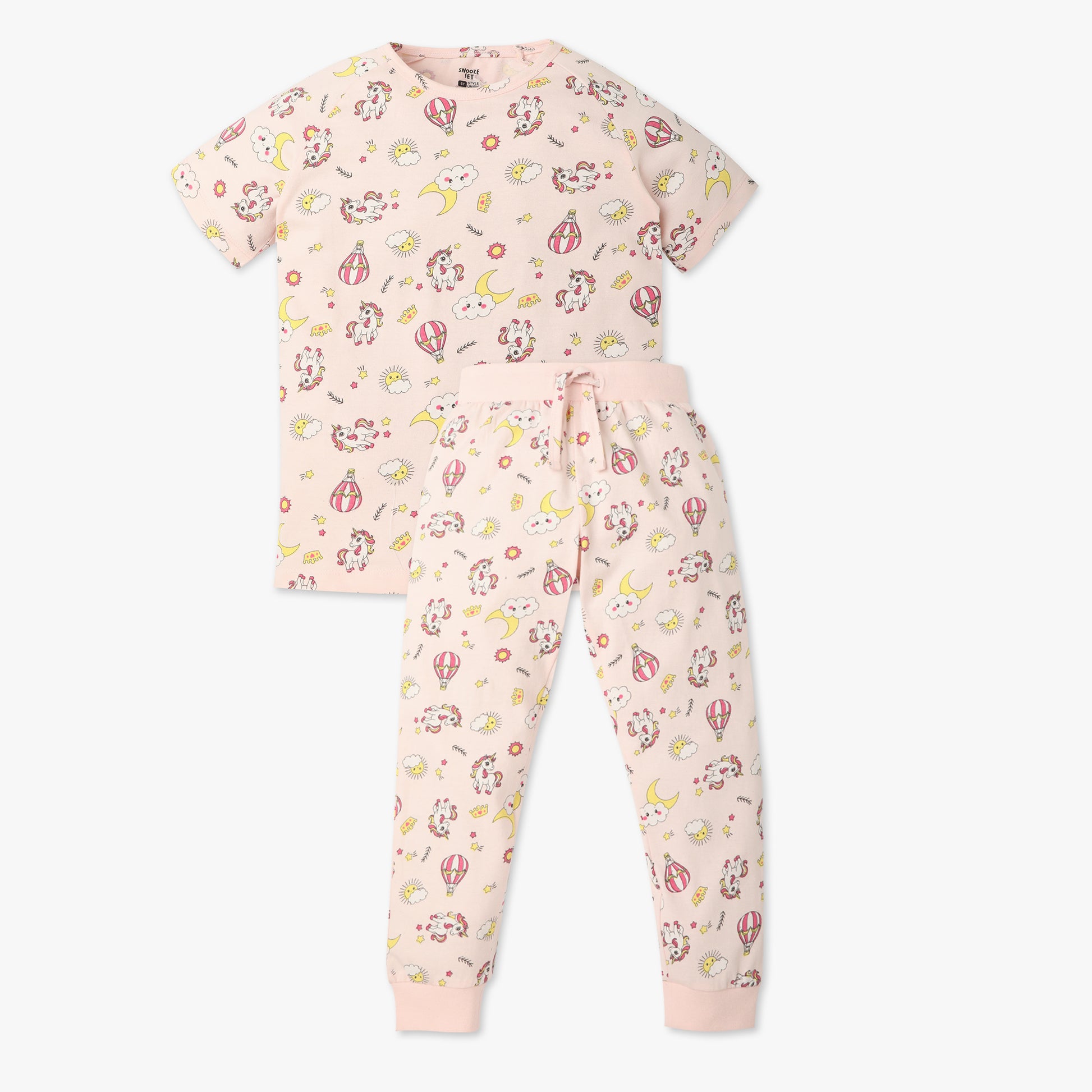 Girls Regular Fit All Over Print Crew Neck T-Shirt with Trackpant Sleepwear Set