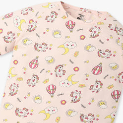 Girls Regular Fit All Over Print Crew Neck T-Shirt with Trackpant Sleepwear Set