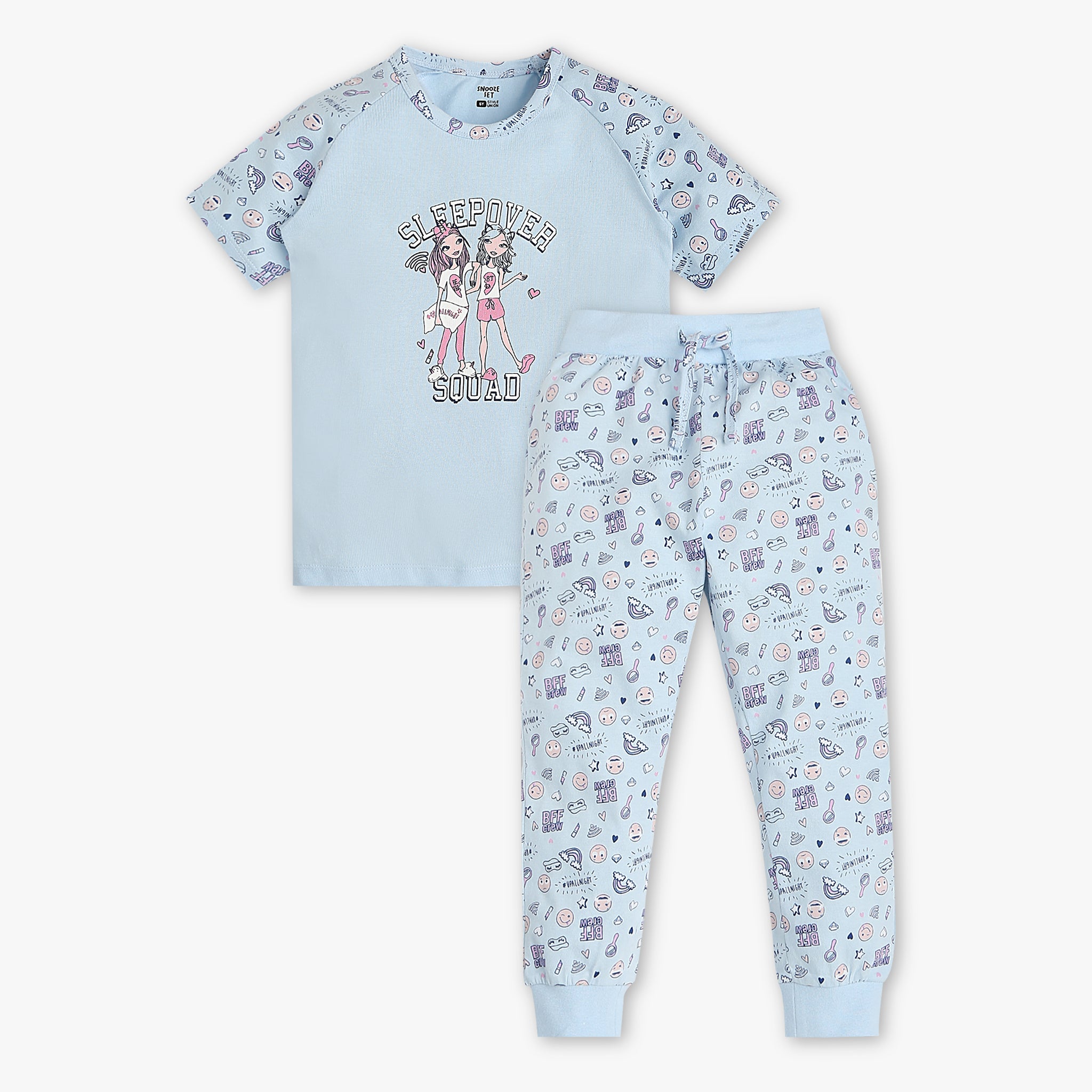 Girls Regular Fit Printed Crew Neck Short Sleeve T-Shirt with Trackpant Sleepwear Set