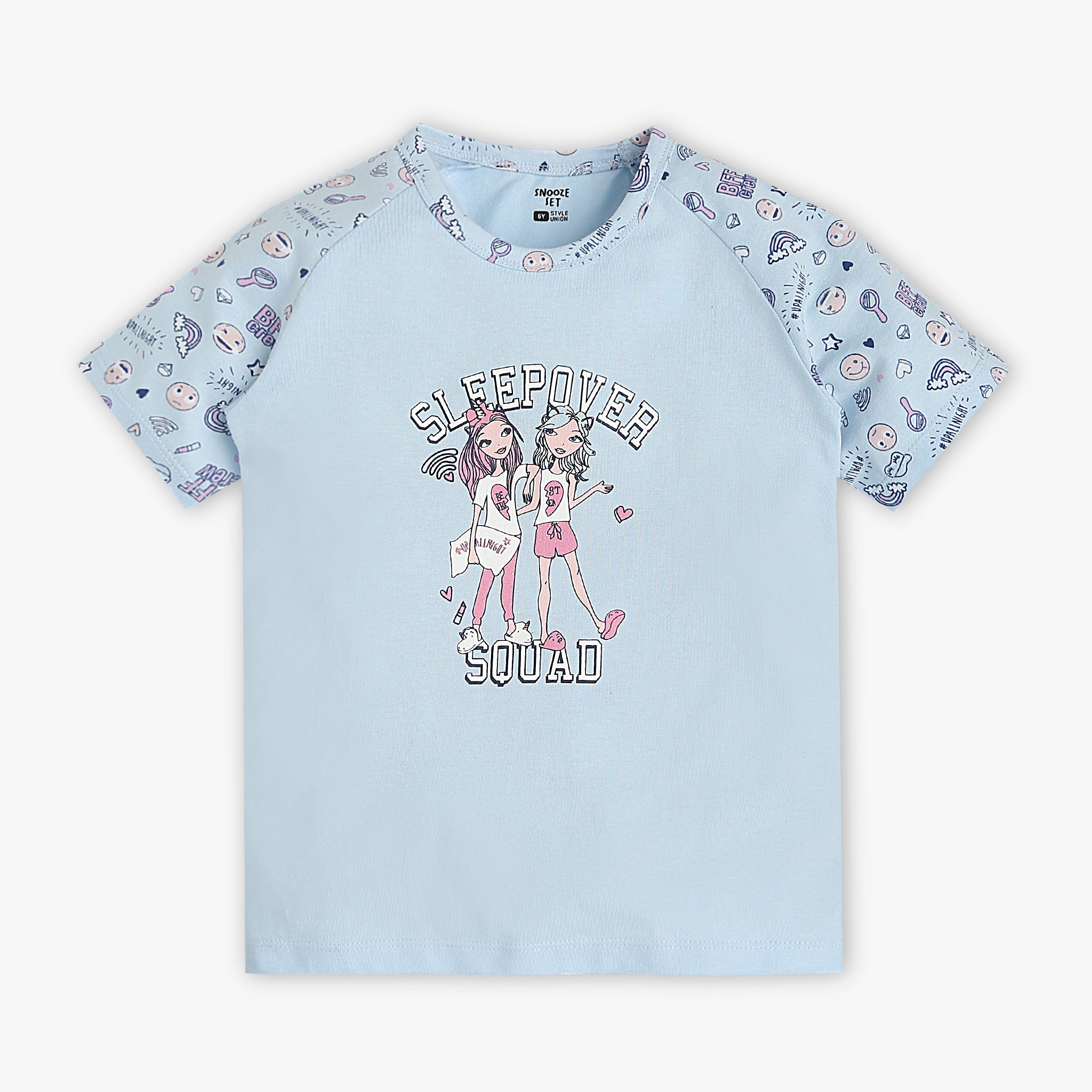 Girls Regular Fit Printed Crew Neck Short Sleeve T-Shirt with Trackpant Sleepwear Set