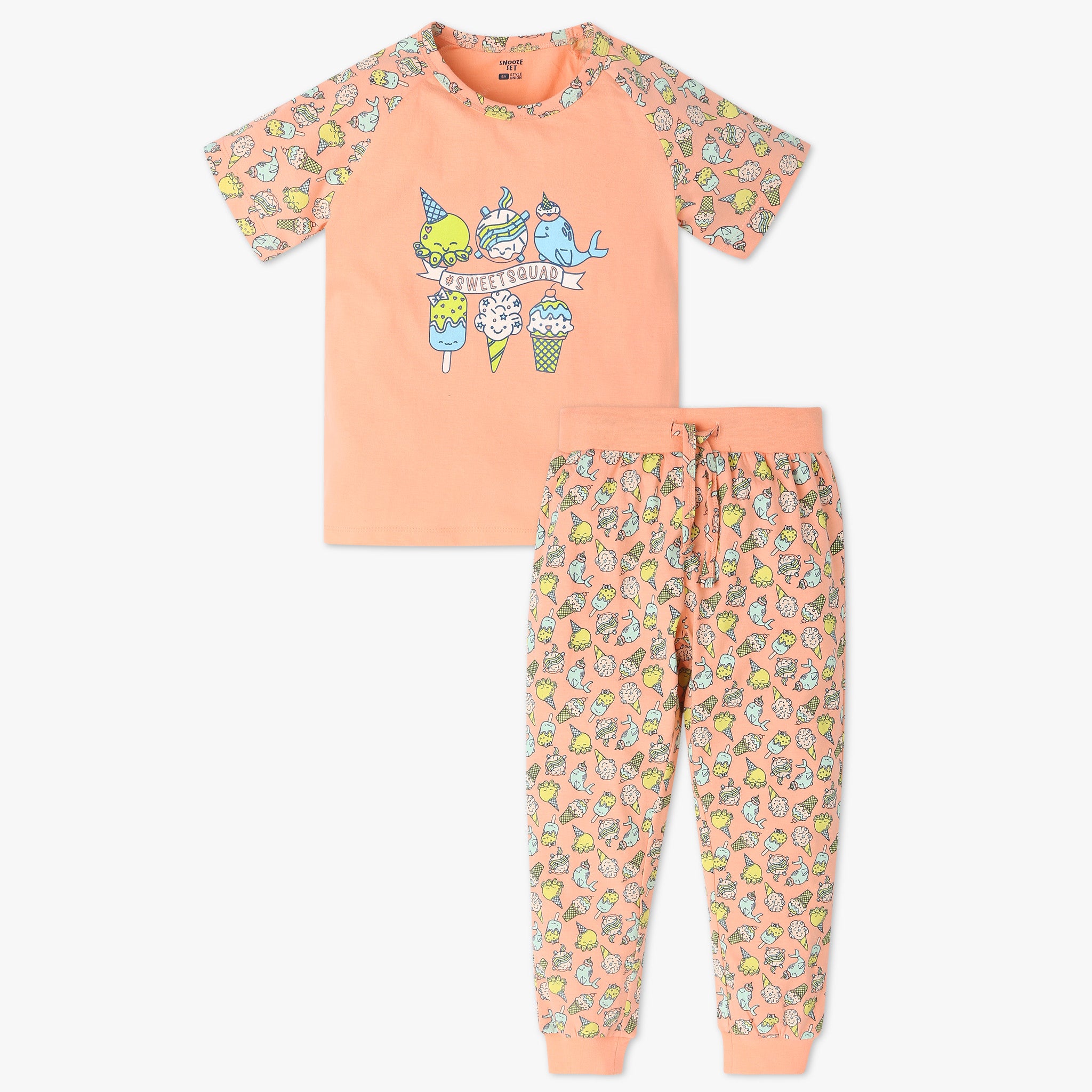 Girls "Must Have Snooze Coordinate Set. Refreshing Graphic T-Shirt With Matching Pattern Printed Trackpant. Comfortable Body For Ease. Breathable And Absorbent 100% Cotton Single Jersey Fabric."