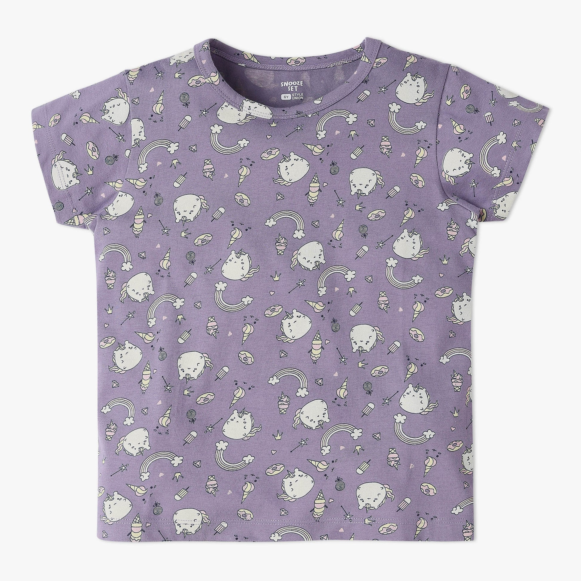 Girls All Over Print Knitted Crew Neck T-Shirt With Trackpant Sleepwear Set