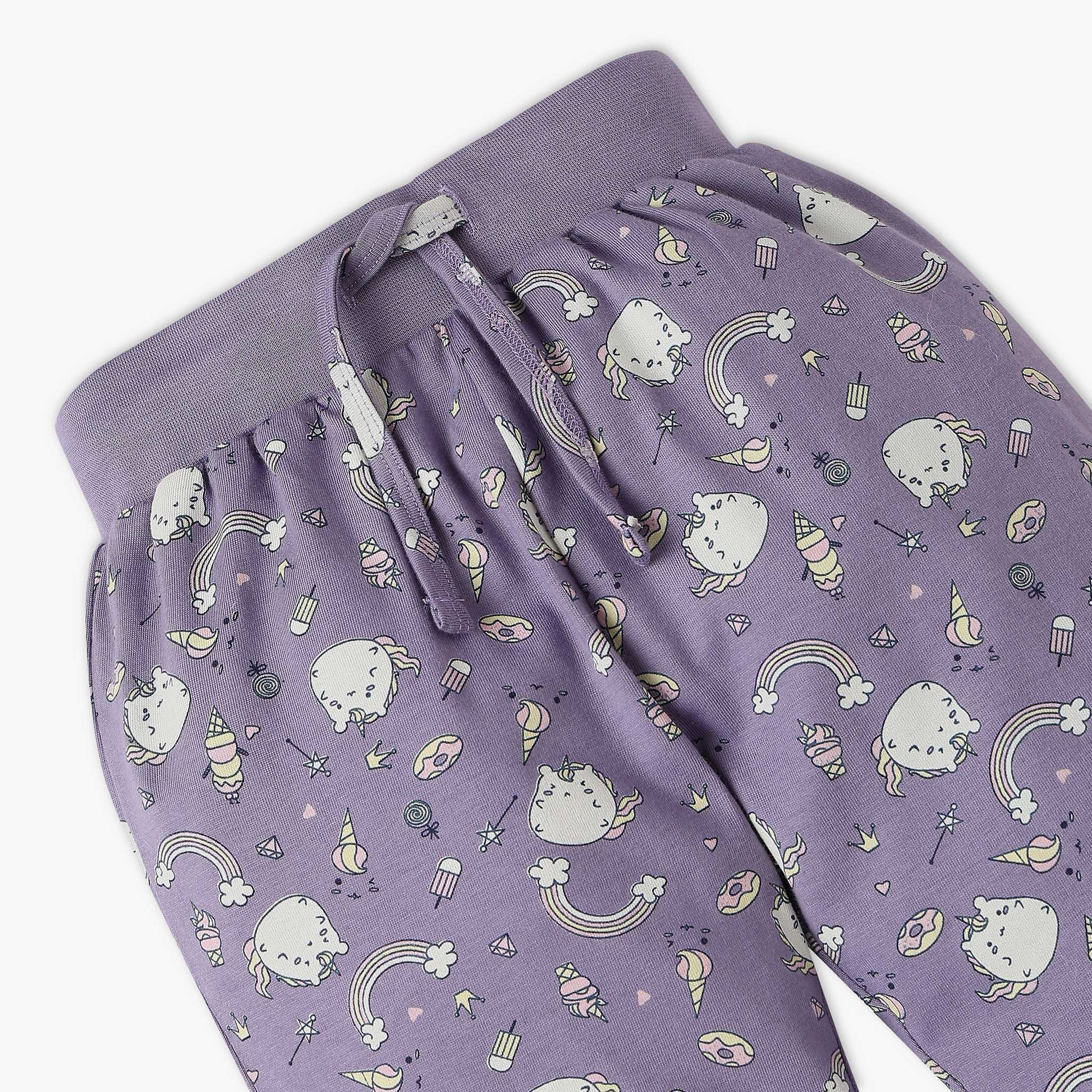 Girls All Over Print Knitted Crew Neck T-Shirt With Trackpant Sleepwear Set