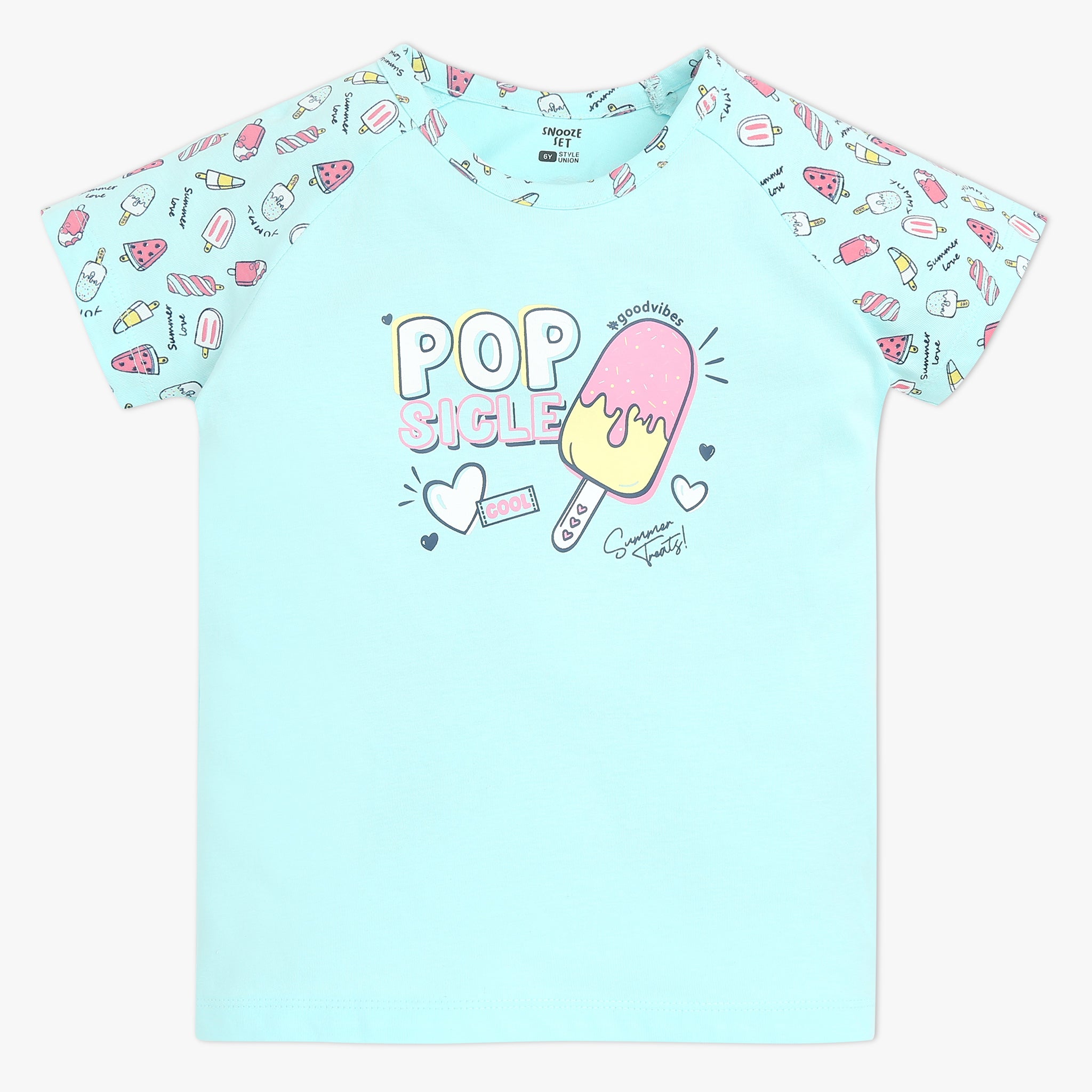 Girls Crew Neck Cap Sleeve Printed Must Have Snooze Cordinate Set | Refreshing Graphic Tshirt With Matching Pattern Printed Trackpant | Comfortable Body For Ease | Breathable And Absorbent 100% Cotton Single Jersey Fabric.