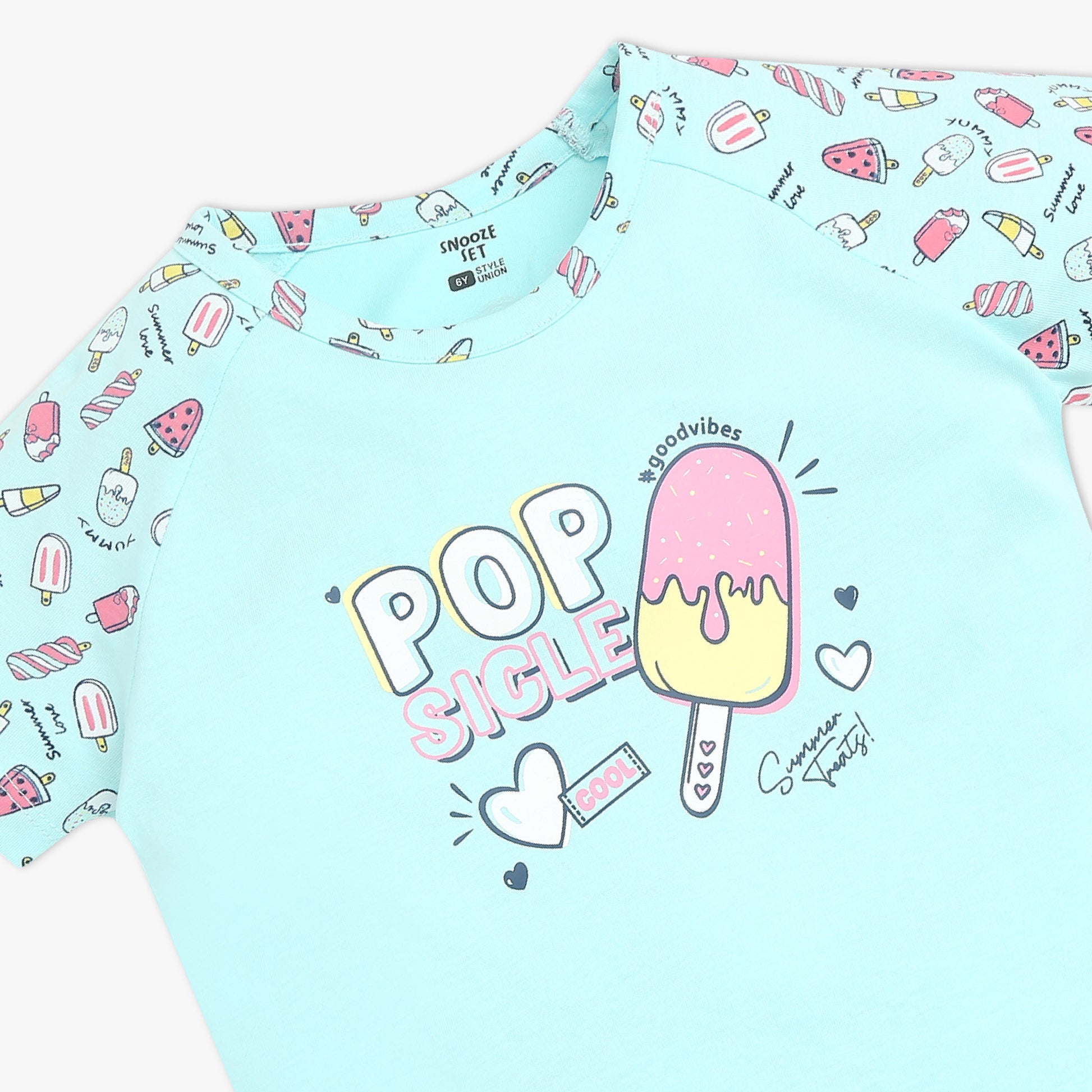 Girls Crew Neck Cap Sleeve Printed Must Have Snooze Cordinate Set | Refreshing Graphic Tshirt With Matching Pattern Printed Trackpant | Comfortable Body For Ease | Breathable And Absorbent 100% Cotton Single Jersey Fabric.