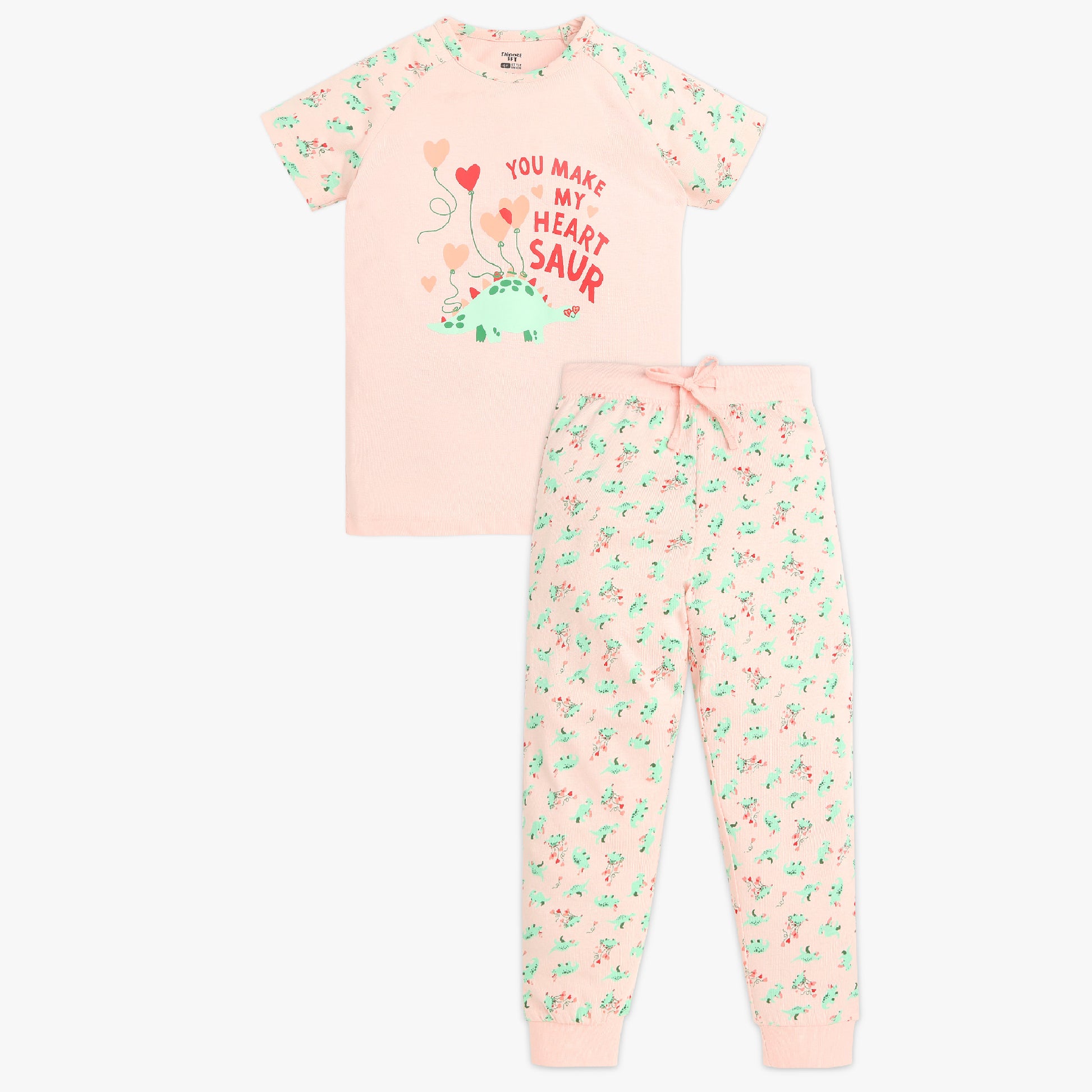 Girls Crew Neck Cap Sleeve Printed Must Have Snooze Cordinate Set | Refreshing Graphic Tshirt With Matching Pattern Printed Trackpant | Comfortable Body For Ease | Breathable And Absorbent 100% Cotton Single Jersey Fabric.