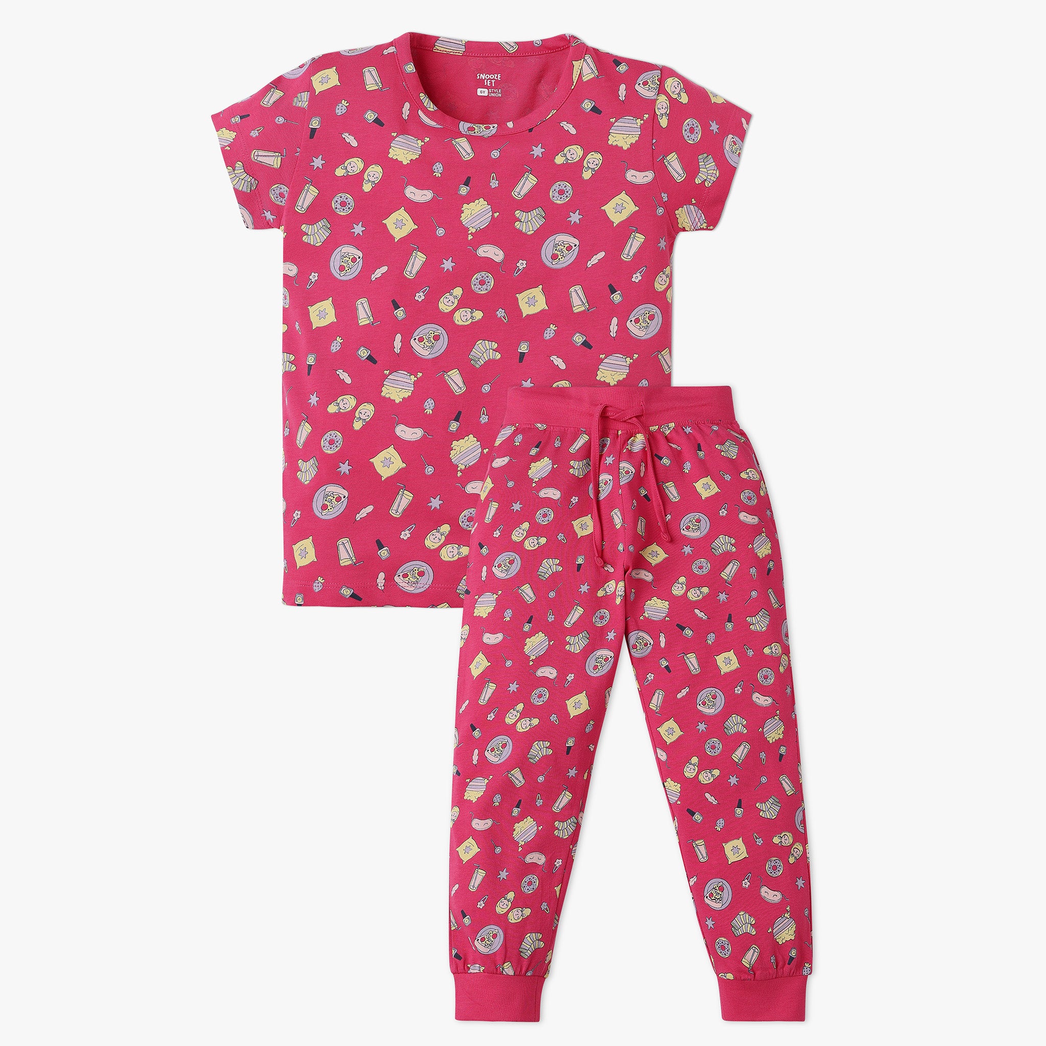 Girls All Over Print Knitted Crew Neck T-Shirt With Trackpant Sleepwear Set