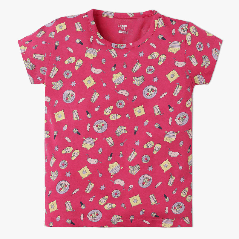 Girls All Over Print Knitted Crew Neck T-Shirt With Trackpant Sleepwear Set