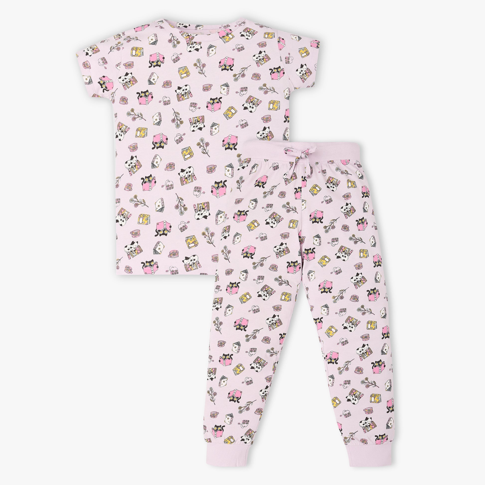 Girls Cotton Printed T-Shirt and Trackpant Sleepwear Set
