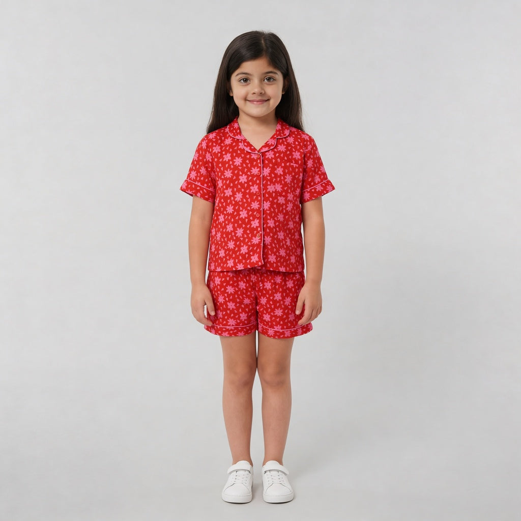 Girls Printed T-Shirt with Shorts Sleepwear Set