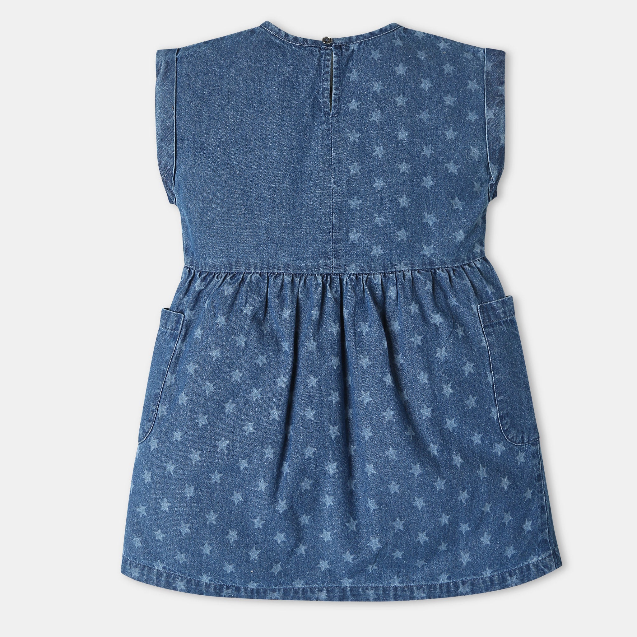 Girls Knee Length Crew Neck Star Printed Denim A-Line Dress with Side Pocket