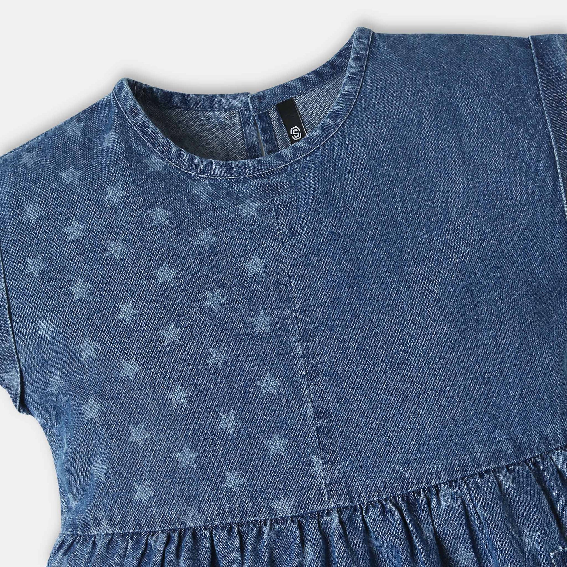 Girls Knee Length Crew Neck Star Printed Denim A-Line Dress with Side Pocket