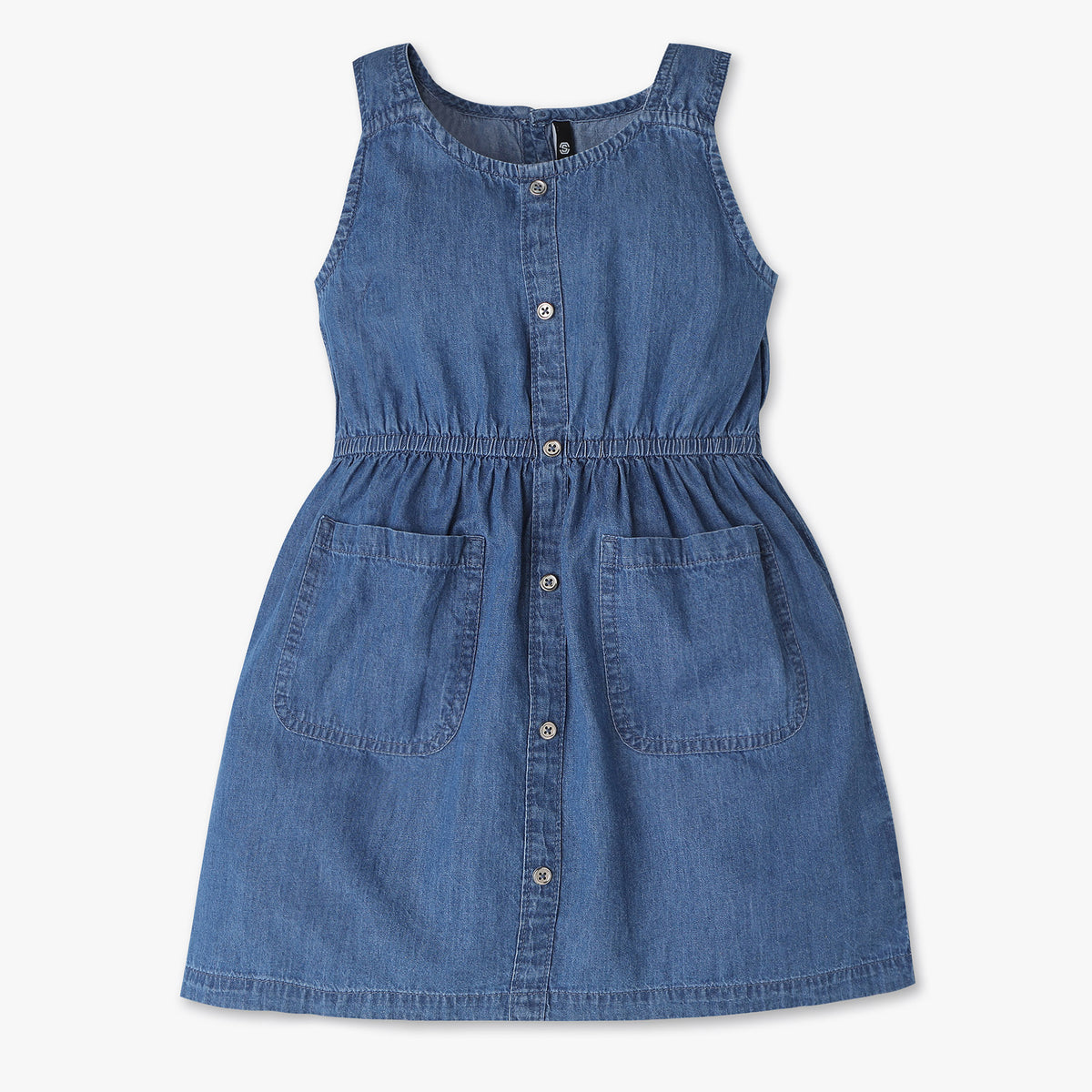 Girls A-Line Pinafore Look With Patch Pockets Denim Dress