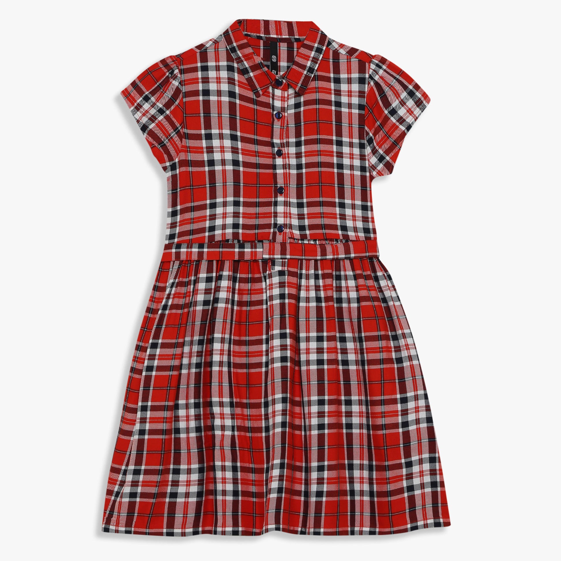 Girls Checkered Below Knee Collar Tunic Flared Dress