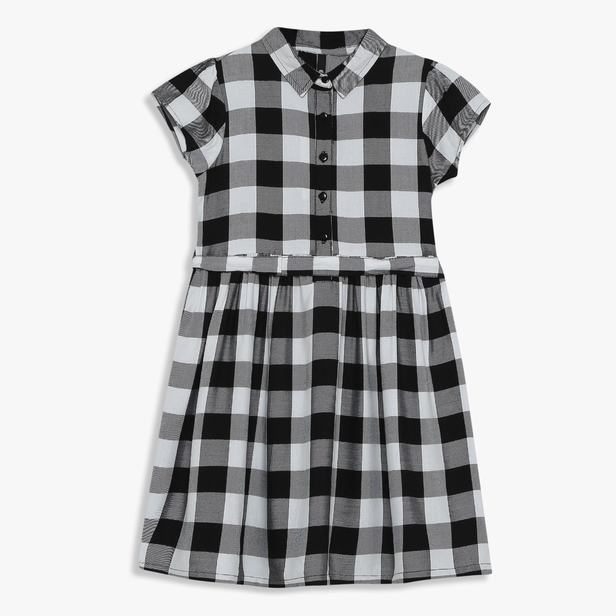 Girls Checkered Below Knee Collar Tunic Flared Dress