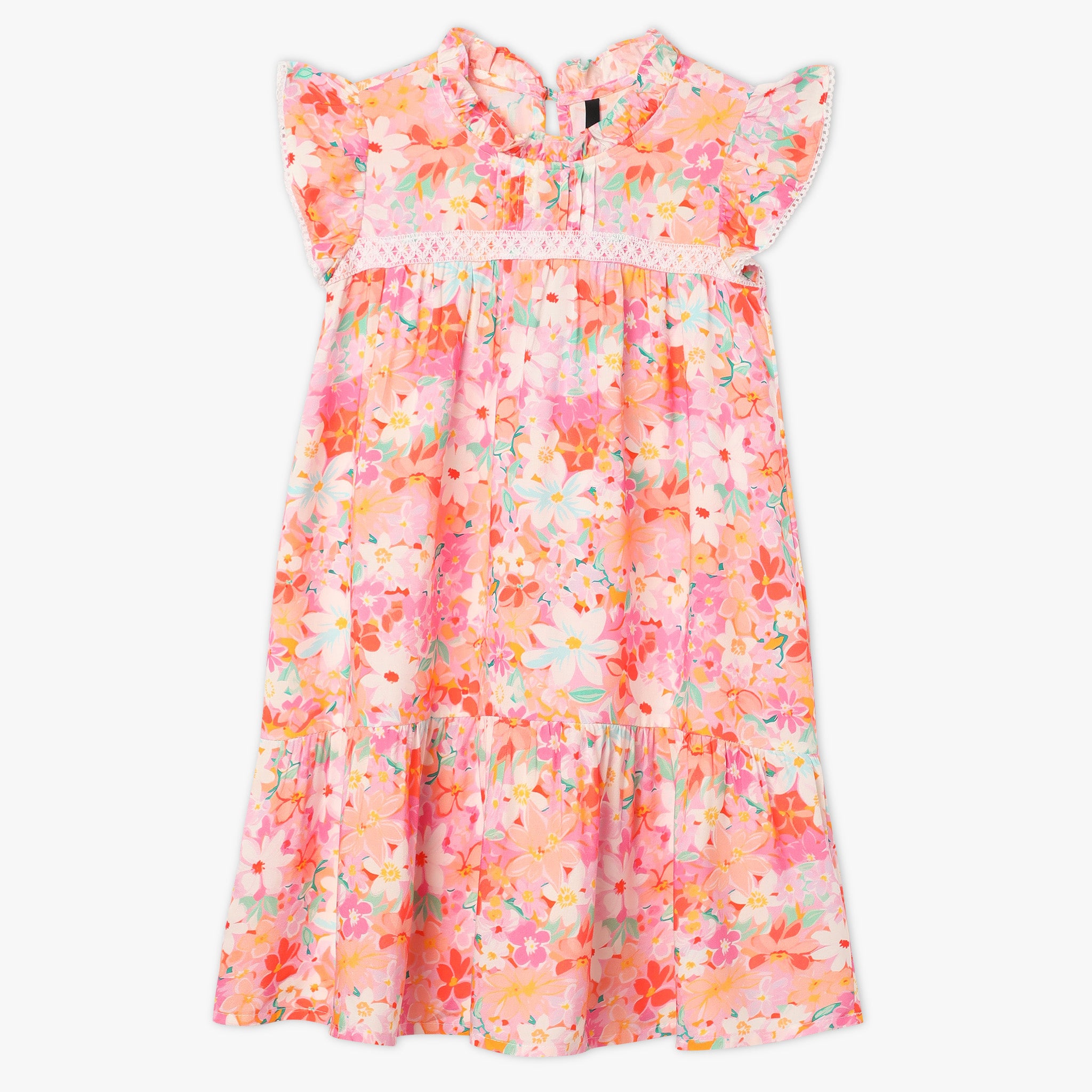 Girls Regular Fit Printed Round Neck Short Sleeve Dress