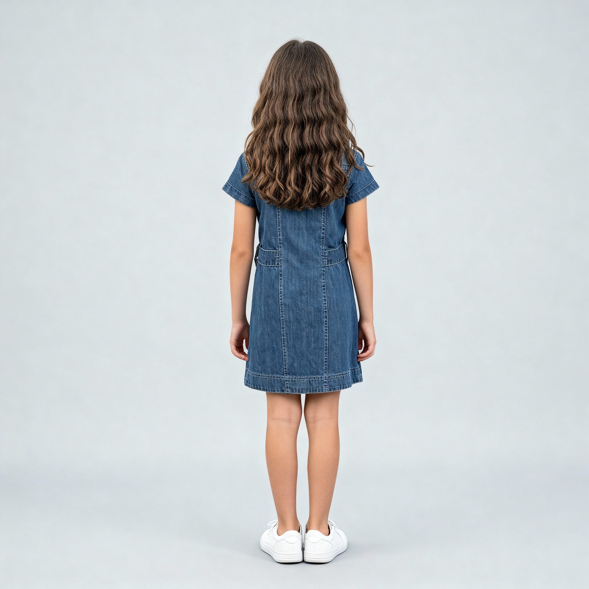 Girls Denim Dress With Belt Detail And Front Button Placket