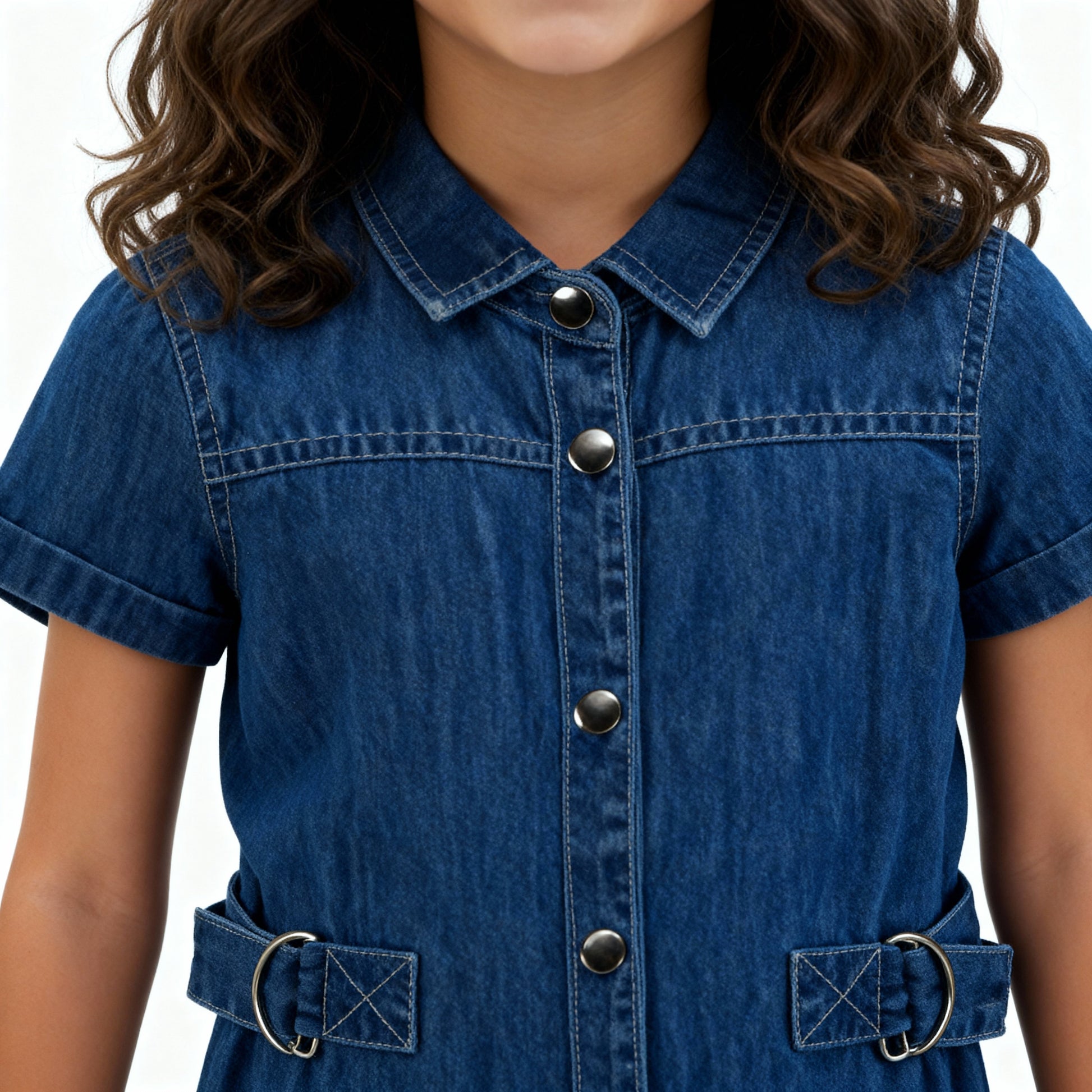 Girls Denim Dress With Belt Detail And Front Button Placket