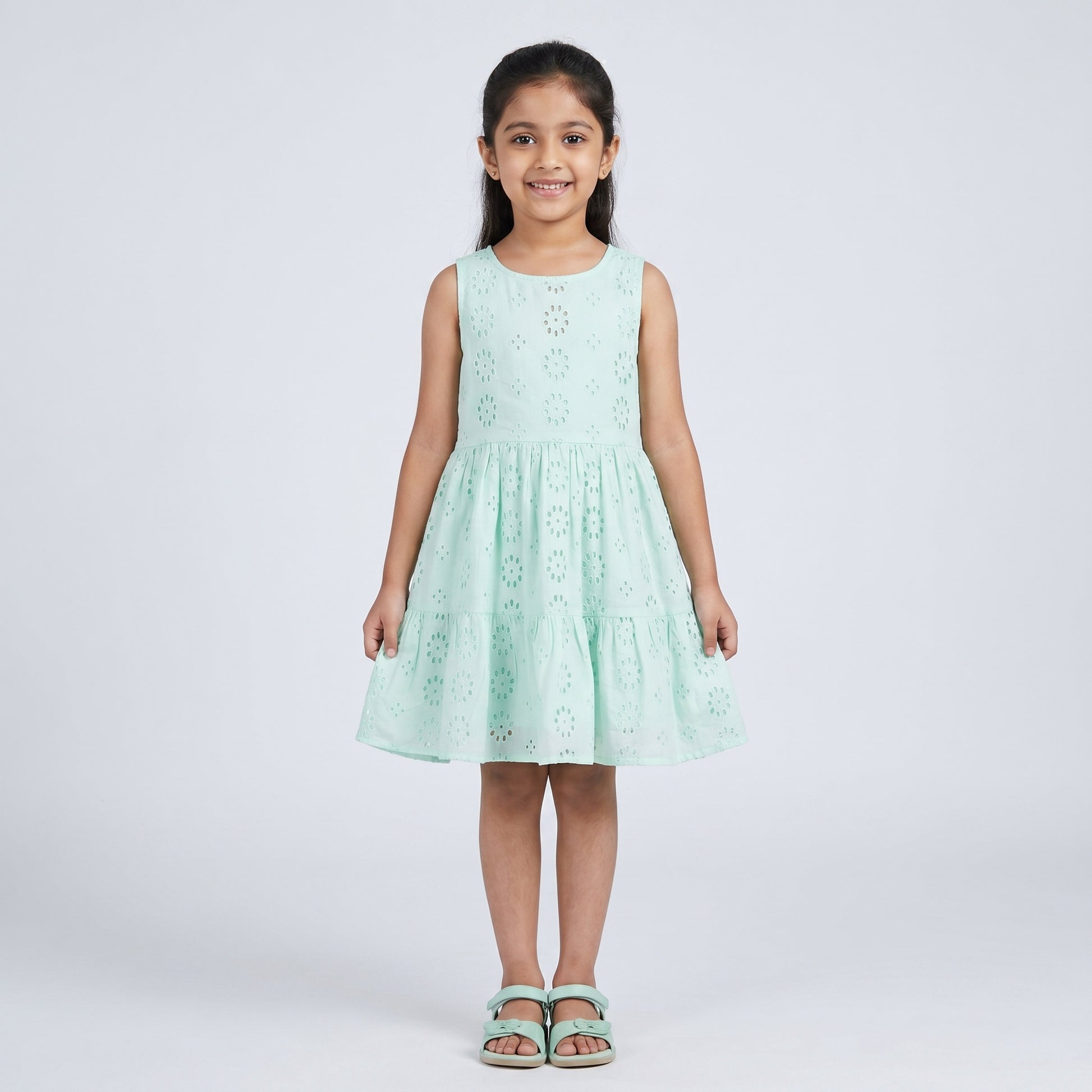 Girls Cotton Schiffli Dress With Back Cutout