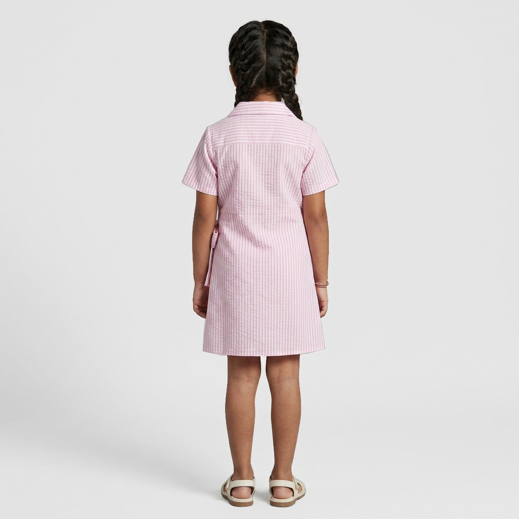 Girls Striped Collared Wrap Dress