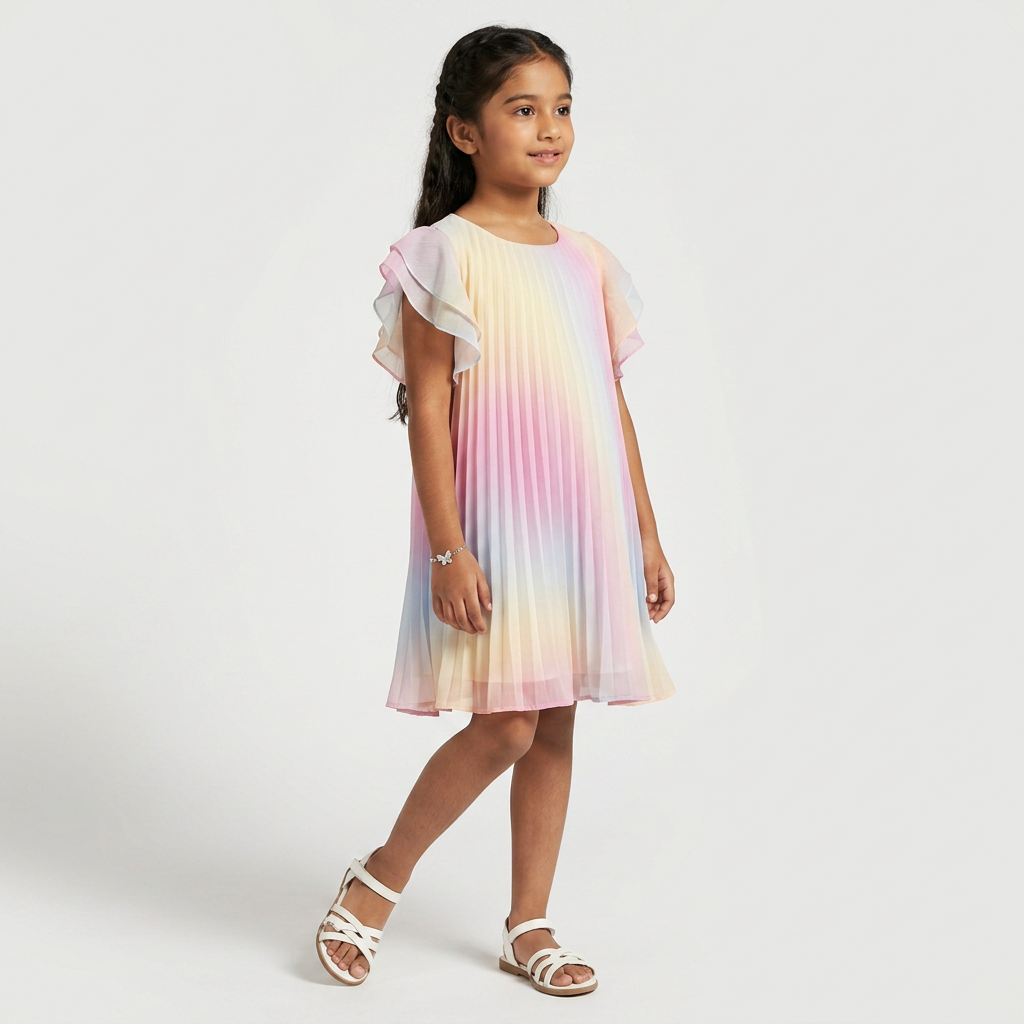 Girls Pleated Flutter Sleeve A-Line Dress