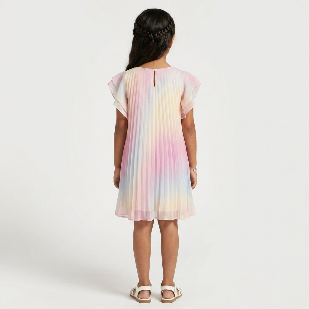 Girls Pleated Flutter Sleeve A-Line Dress