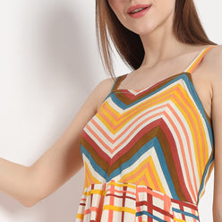 Chivron Print Back Ruched Below Knee Shoulder Straps Flared Hem Tiered Dress