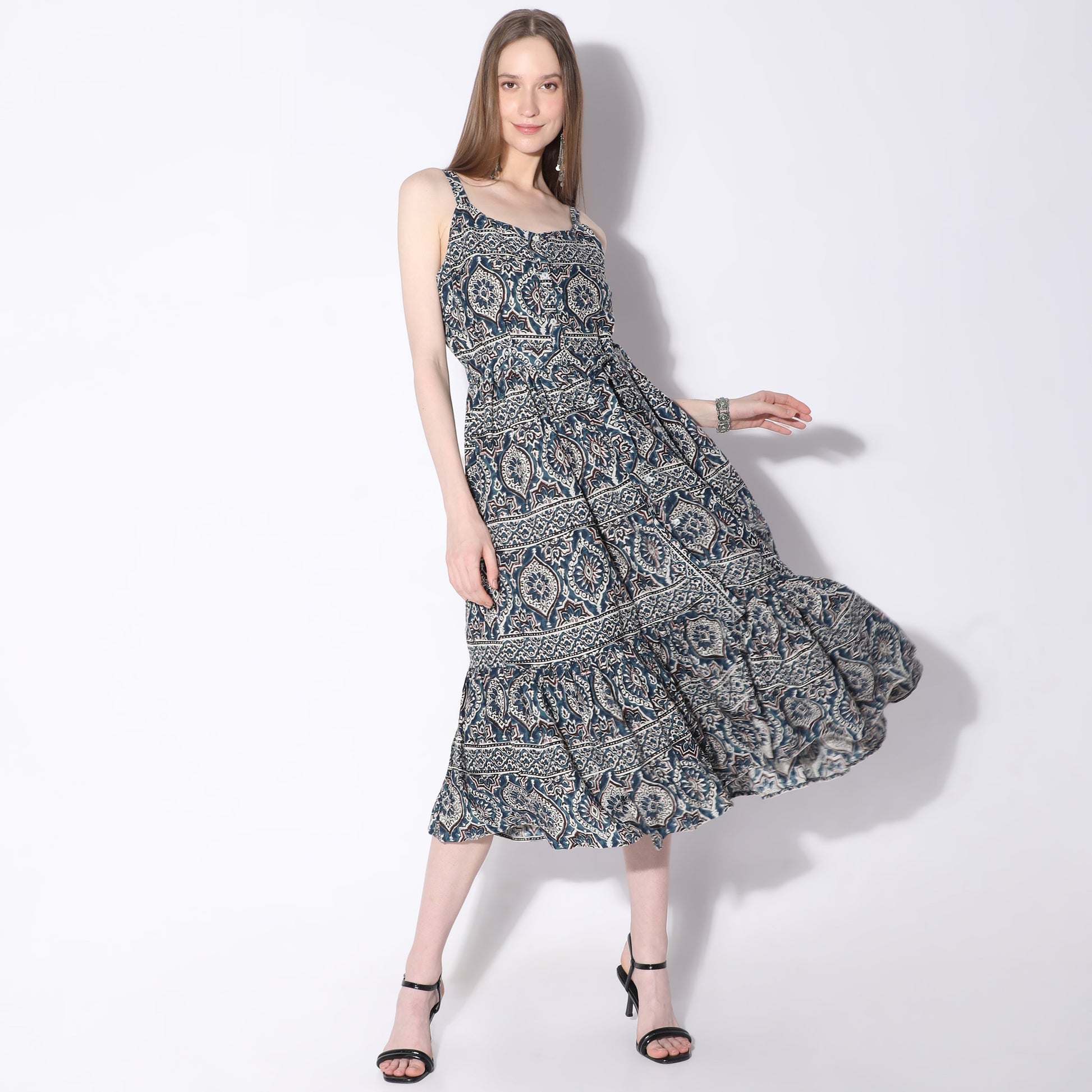 Printed Below Knee Autumn Meadow Shoulder Strape Flared Dress