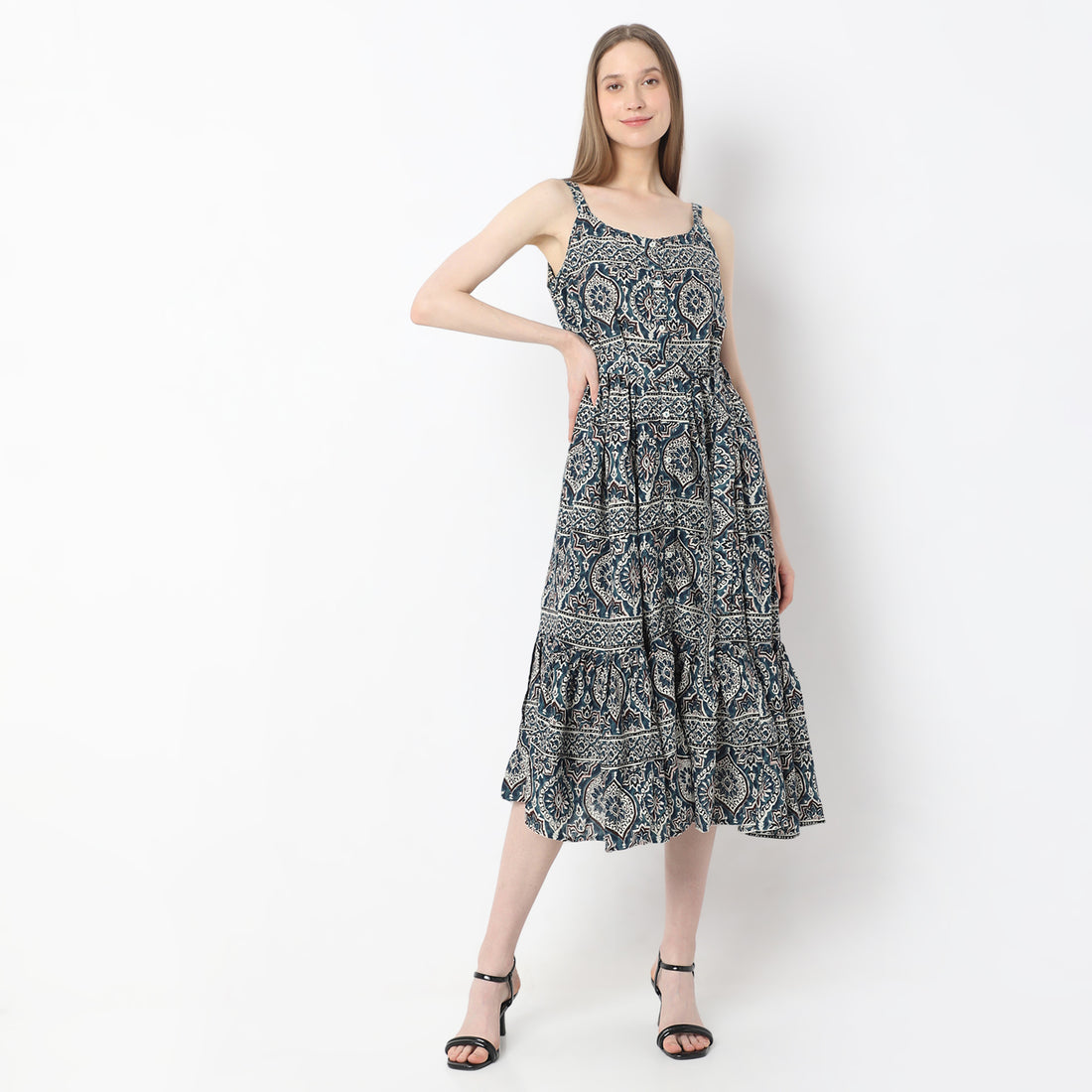 Printed Below Knee Autumn Meadow Shoulder Strape Flared Dress